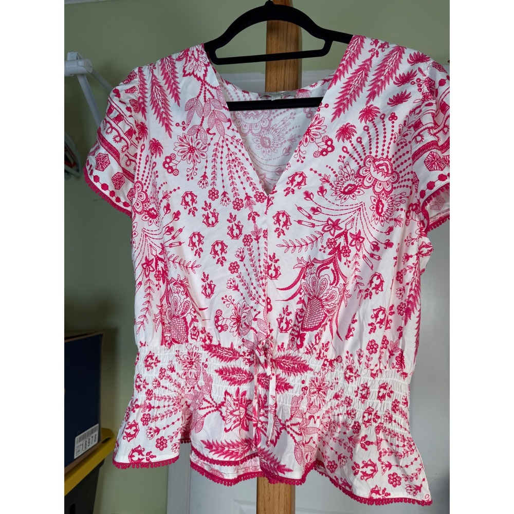 Chenault Pink White Floral Paisley Smocked Waist Peplum Blouse Large